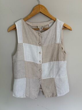 VRG GRL Neutral Patchwork 100% Linen Sleeveless Button-Front Vest Top Sz UK 8/S